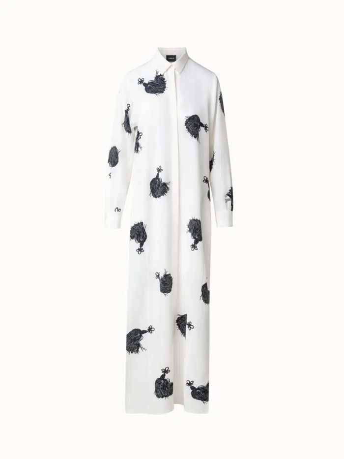 Long Silk Tunic Dress With Tassels Print Ivoryblack Women Akris Dresses