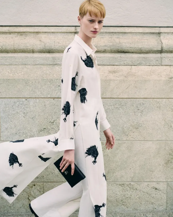 Long Silk Tunic Dress With Tassels Print Ivoryblack Women Akris Dresses