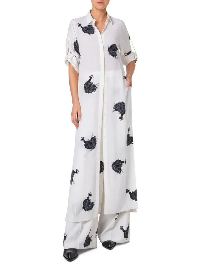 Long Silk Tunic Dress With Tassels Print Ivoryblack Women Akris Dresses