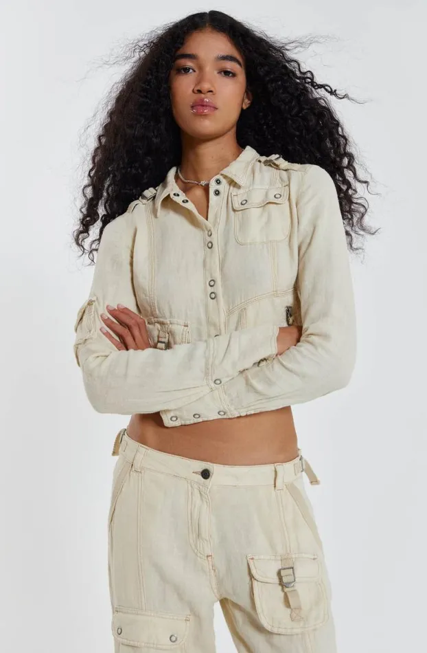 Long Sleeve Tops Women Jaded London Santal Linen Cargo Shirt