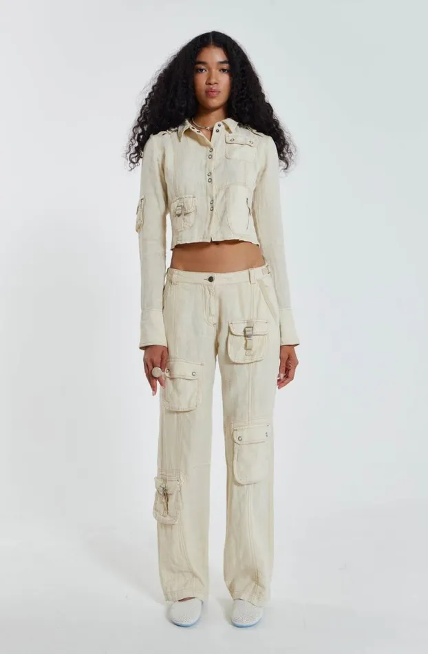 Long Sleeve Tops Women Jaded London Santal Linen Cargo Shirt