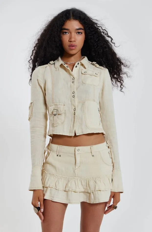 Long Sleeve Tops Women Jaded London Santal Linen Cargo Shirt