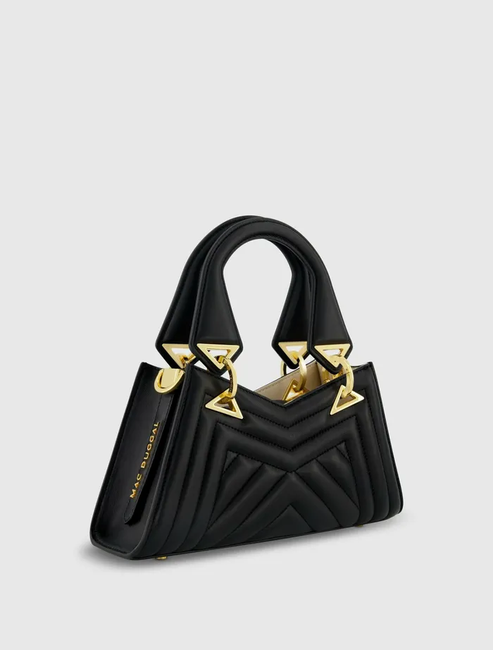 Mac Duggal Angular Quilted Napa Leather Handbag Black Women Top Handle Bags