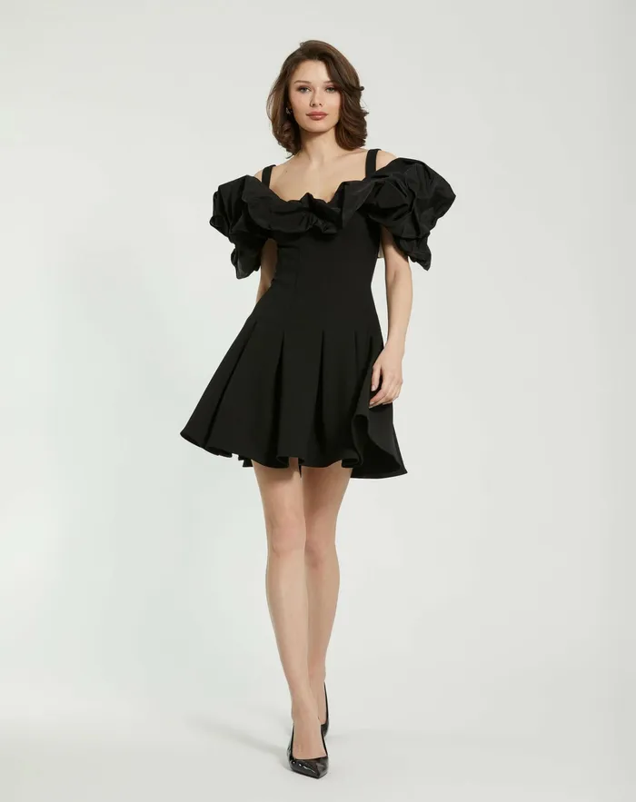 Mac Duggal Crepe Godet Hem Mini Dress With Faille Ruffle Black Women Every Day Dresses