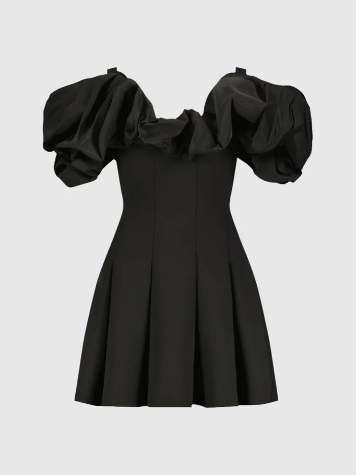 Mac Duggal Crepe Godet Hem Mini Dress With Faille Ruffle Black Women Every Day Dresses