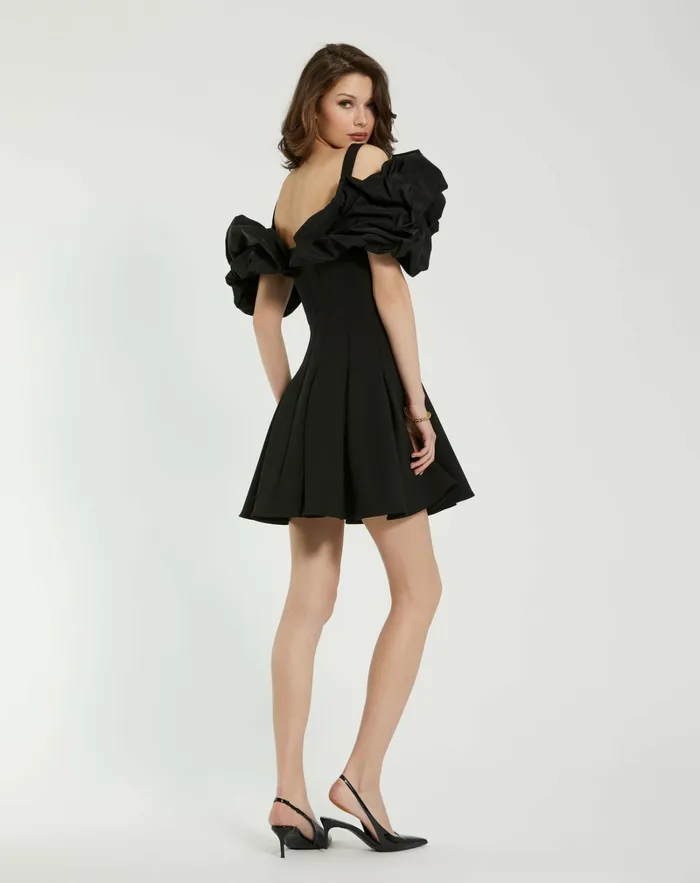 Mac Duggal Crepe Godet Hem Mini Dress With Faille Ruffle Black Women Every Day Dresses