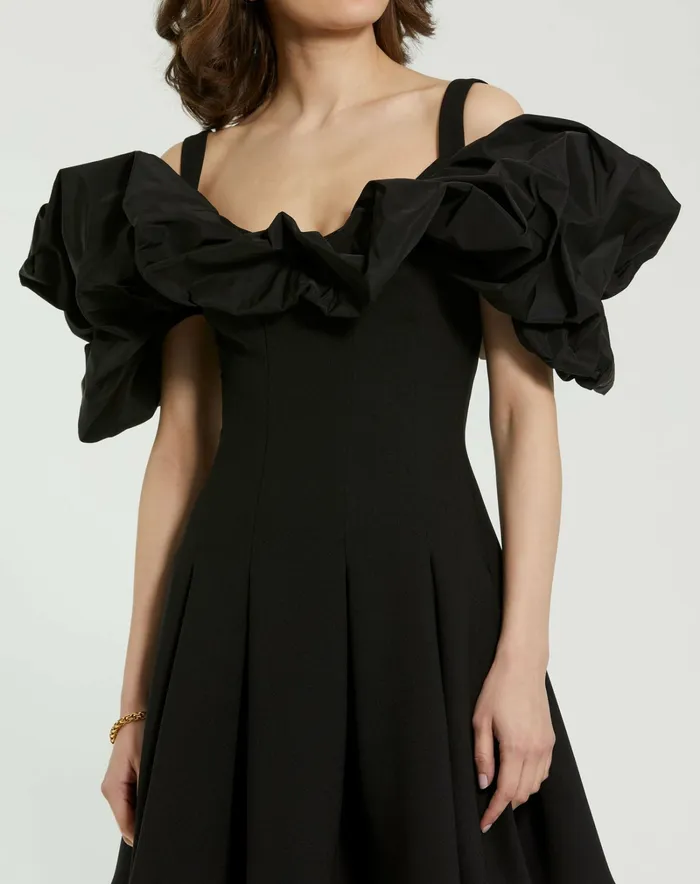 Mac Duggal Crepe Godet Hem Mini Dress With Faille Ruffle Black Women Every Day Dresses
