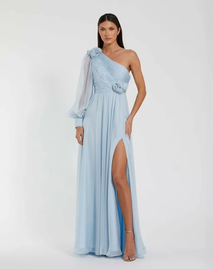 Mac Duggal Evening Gowns Women Blue One Sleeve Chiffon Gown With 3D Flowers Powder Blue