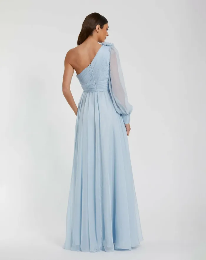 Mac Duggal Evening Gowns Women Blue One Sleeve Chiffon Gown With 3D Flowers Powder Blue
