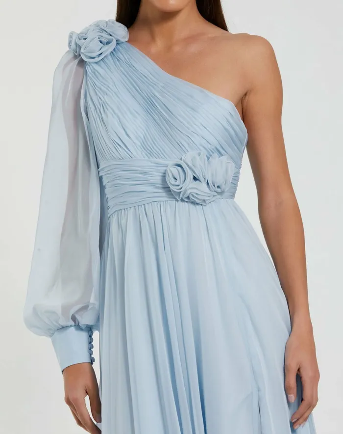Mac Duggal Evening Gowns Women Blue One Sleeve Chiffon Gown With 3D Flowers Powder Blue