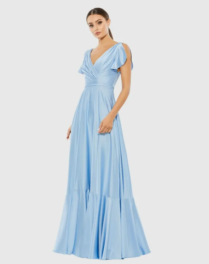 Mac Duggal Flounce Sleeve Satin Gown Periwinkle Women Evening Gowns