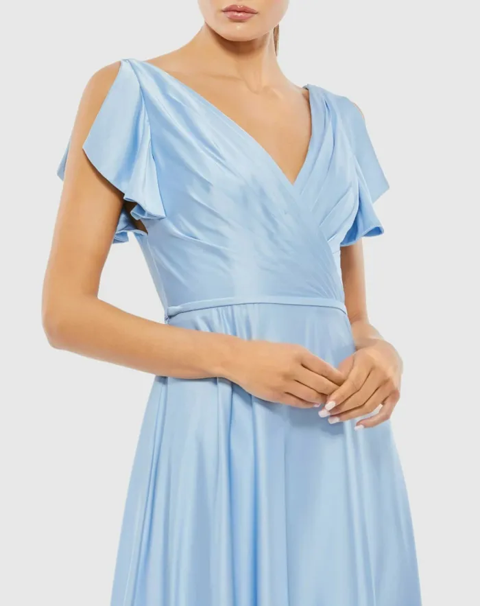 Mac Duggal Flounce Sleeve Satin Gown Periwinkle Women Evening Gowns