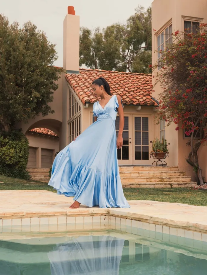 Mac Duggal Flounce Sleeve Satin Gown Periwinkle Women Evening Gowns