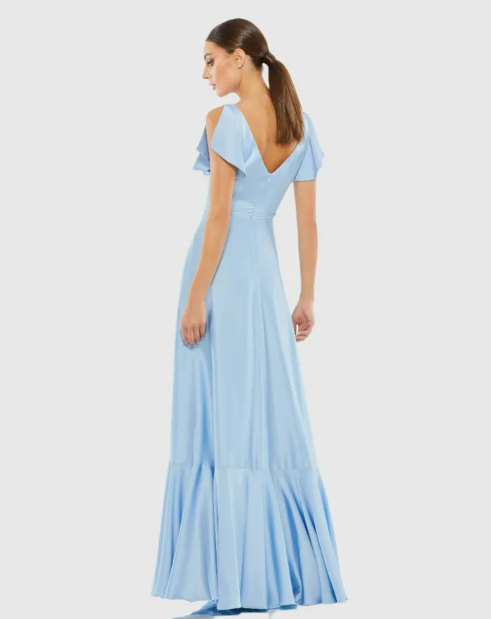 Mac Duggal Flounce Sleeve Satin Gown Periwinkle Women Evening Gowns