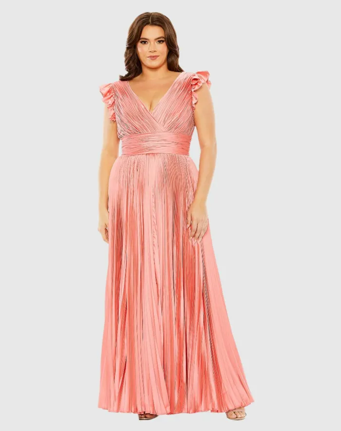 Mac Duggal Flutter Sleeve Pleated VNeck Dress Coral Women Plus Size Dresses