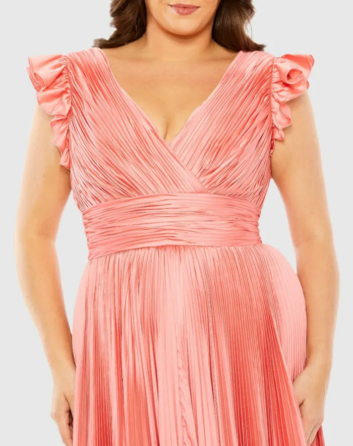 Mac Duggal Flutter Sleeve Pleated VNeck Dress Coral Women Plus Size Dresses
