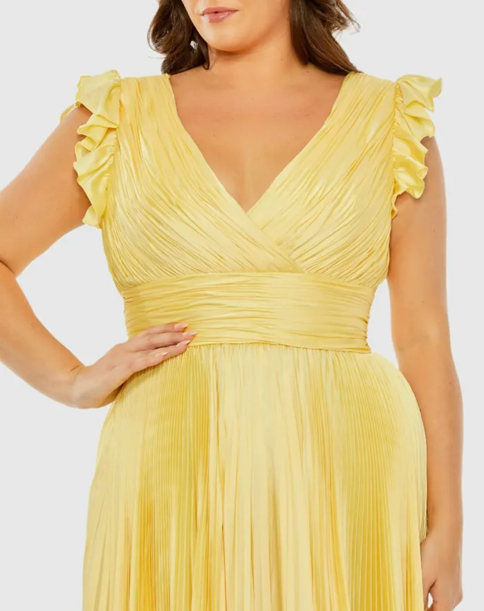 Mac Duggal Flutter Sleeve Pleated VNeck Dress Coral Women Plus Size Dresses