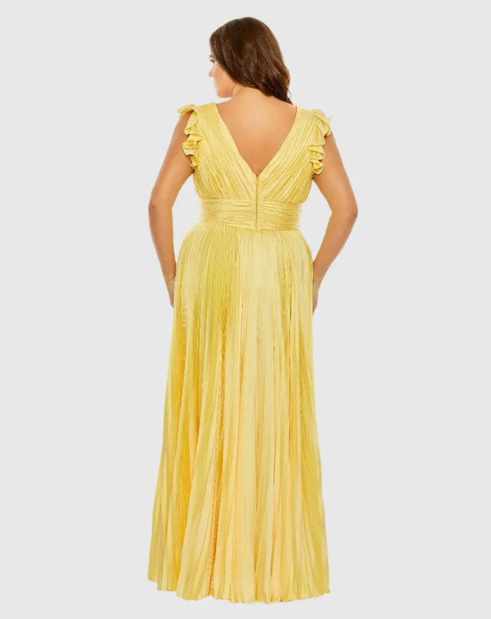 Mac Duggal Flutter Sleeve Pleated VNeck Dress Coral Women Plus Size Dresses