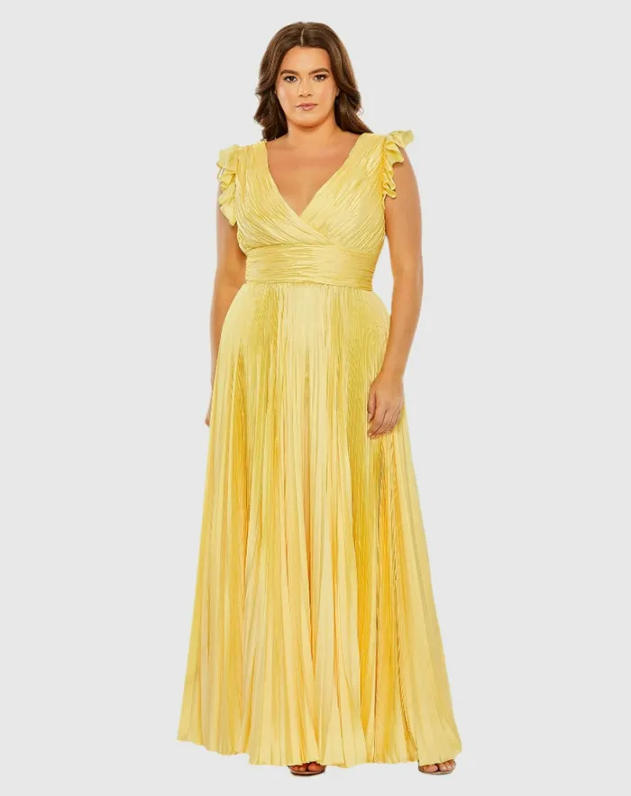 Mac Duggal Flutter Sleeve Pleated VNeck Dress Coral Women Plus Size Dresses