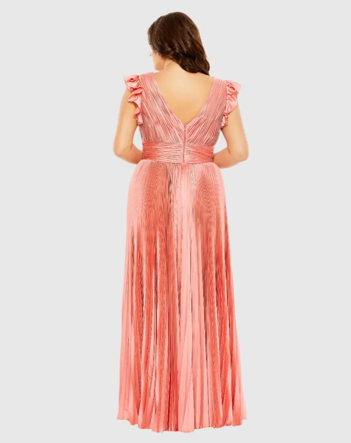 Mac Duggal Flutter Sleeve Pleated VNeck Dress Coral Women Plus Size Dresses
