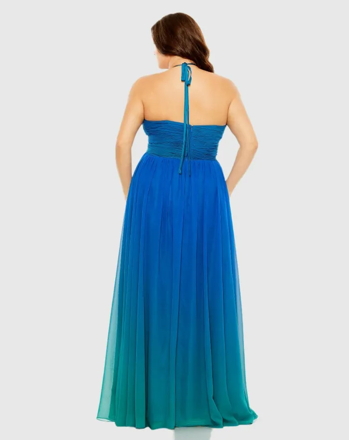 Mac Duggal Halter Ruched Ombre Gown Plus Ocean Ombre Women Plus Size Dresses