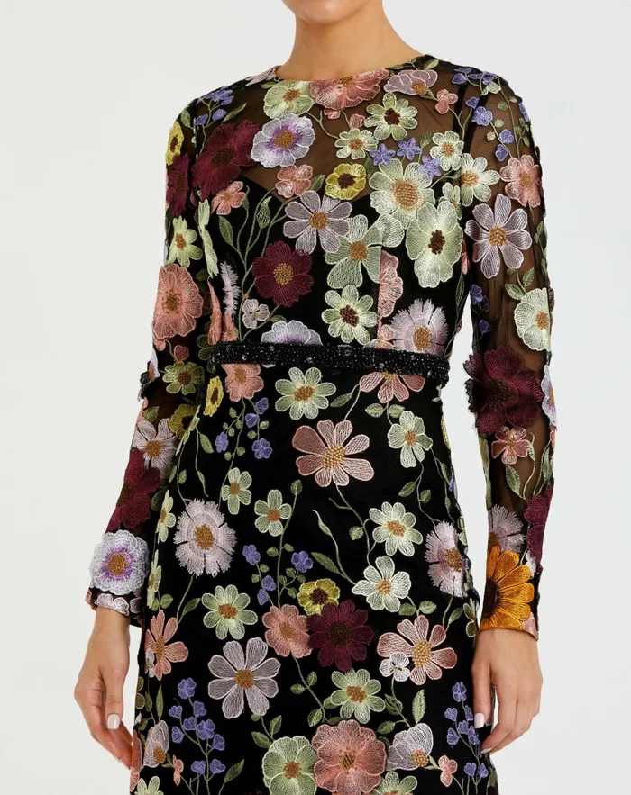 Mac Duggal High Neck Floral Embroidered ALine Dress Black Multi Women Daytime Dresses Mac Duggal High Neck Floral Embroidered ALine Dress Black Multi Women Daytime Dresses