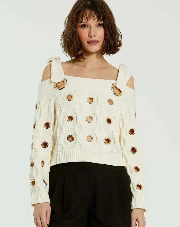 Mac Duggal Ivory Chunky Knit Off The Shoulder Grommet Cropped Sweater Cream Women Knitwear