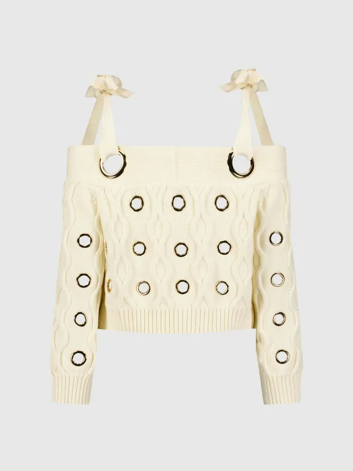 Mac Duggal Ivory Chunky Knit Off The Shoulder Grommet Cropped Sweater Cream Women Knitwear