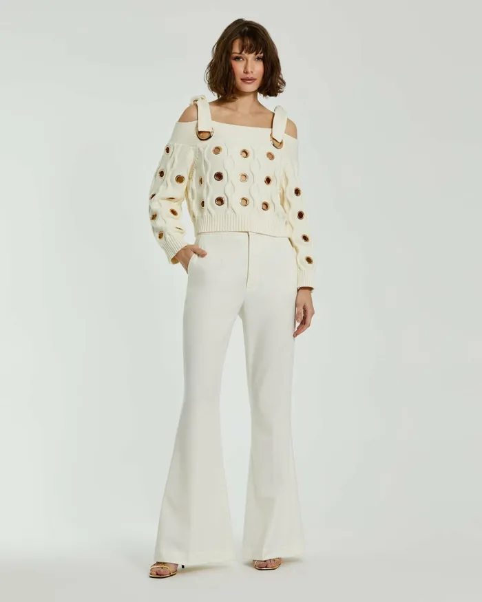 Mac Duggal Ivory Chunky Knit Off The Shoulder Grommet Cropped Sweater Cream Women Knitwear