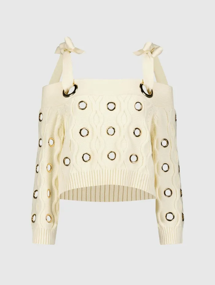 Mac Duggal Ivory Chunky Knit Off The Shoulder Grommet Cropped Sweater Cream Women Knitwear