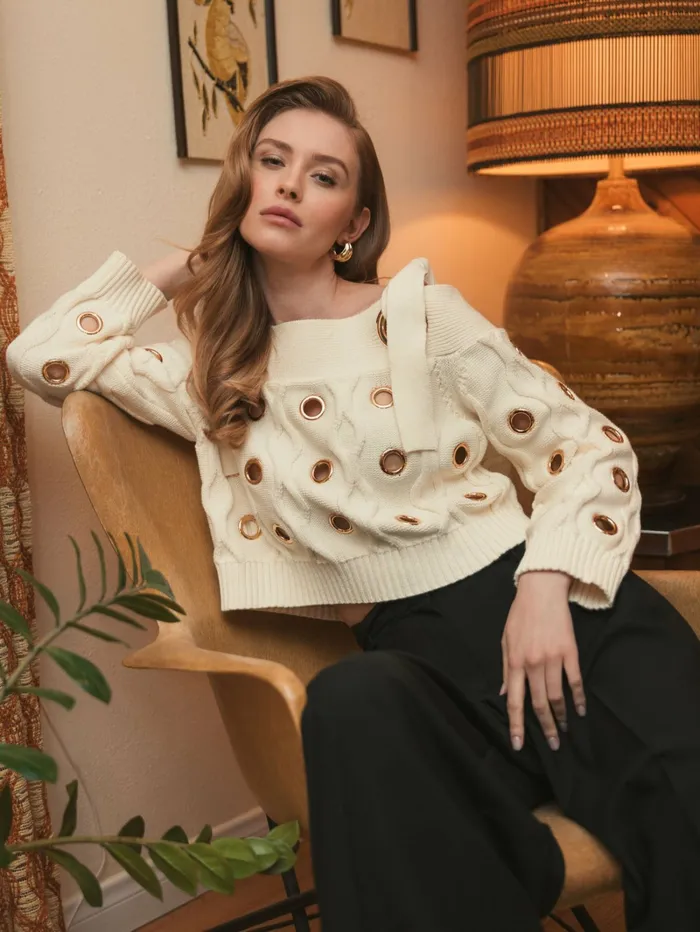 Mac Duggal Ivory Chunky Knit Off The Shoulder Grommet Cropped Sweater Cream Women Knitwear