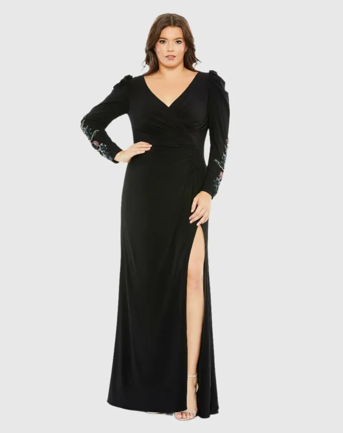 Mac Duggal Plus Size Dresses Women Embellished Long Sleeve Faux Wrap Gown Plus Black