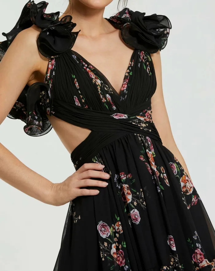 Mac Duggal Ruffle Tiered CutOut Floral Print Chiffon Dress Black Multi Women Daytime Dresses