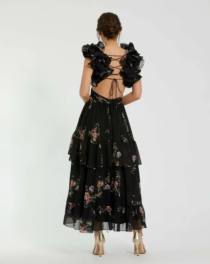 Mac Duggal Ruffle Tiered CutOut Floral Print Chiffon Dress Black Multi Women Daytime Dresses