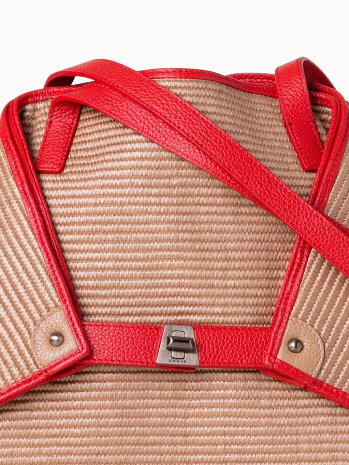 Medium Ai Shoulder Bag In Raffia Camelscarlet Women Akris Shoulder Bags