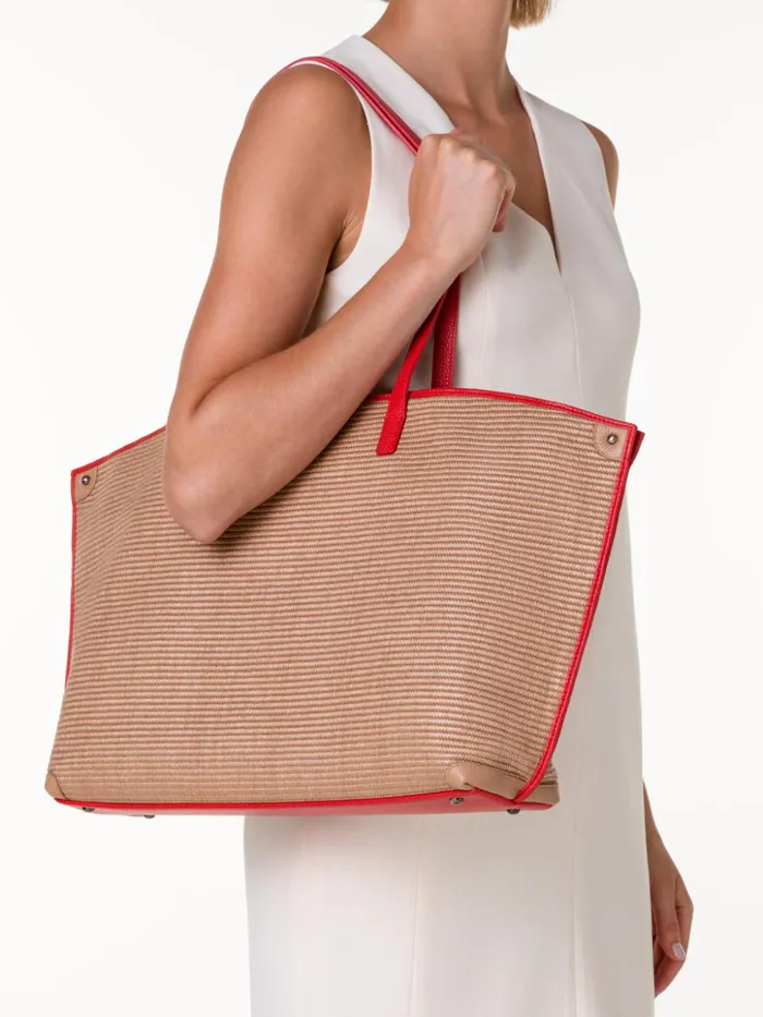 Medium Ai Shoulder Bag In Raffia Camelscarlet Women Akris Shoulder Bags