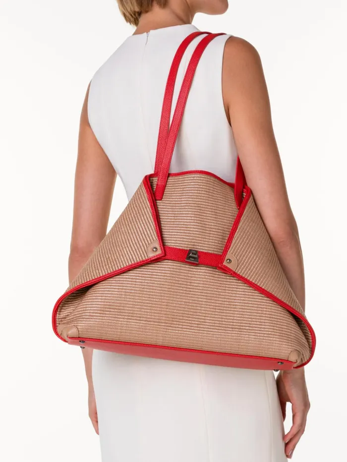 Medium Ai Shoulder Bag In Raffia Camelscarlet Women Akris Shoulder Bags
