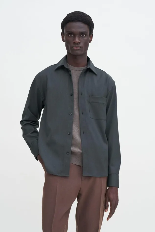 Men Boxy Wool Twill Shirt Green Melange Filippa K Overshirts