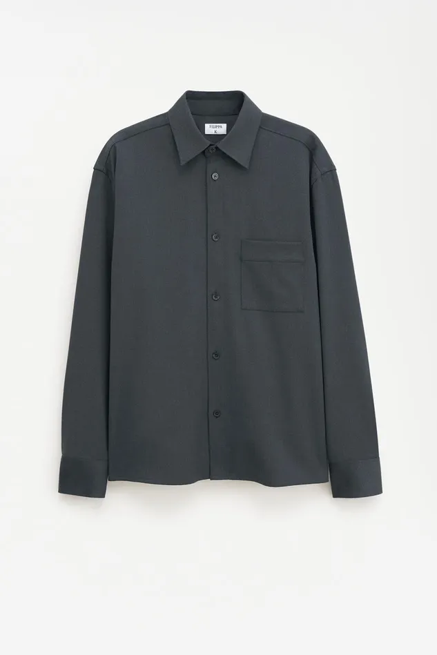 Men Boxy Wool Twill Shirt Green Melange Filippa K Overshirts