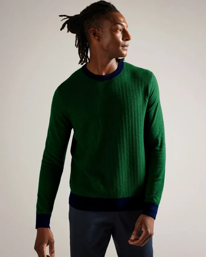 Men CAPAB 8211 Contrast Trims Crew Neck Jumper Green Ted Baker Jumpers and Knitwear Men CAPAB 8211 Contrast Trims Crew Neck Jumper Green Ted Baker Jumpers and Knitwear