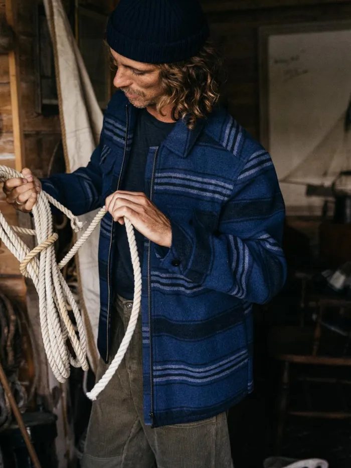 Men Garrick Zip Overshirt Navy Stripe Finisterre Shirts