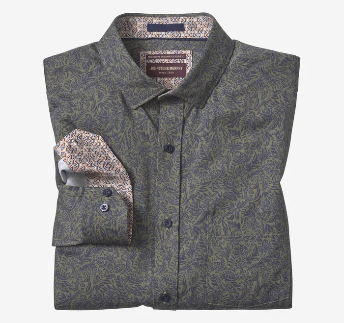 Men Johnston and Murphy Printed Cotton Shirt Olive Foliage Apparel
