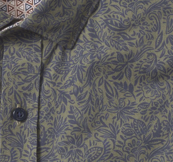 Men Johnston and Murphy Printed Cotton Shirt Olive Foliage Apparel