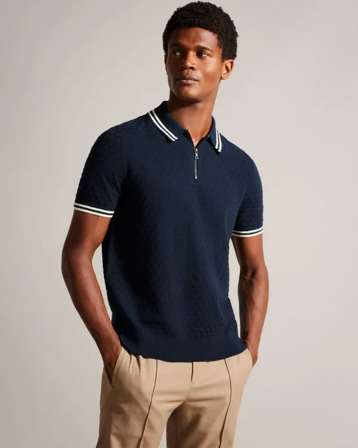 Men MAHANI 8211 Short Sleeve T Textured Polo Shirt Navy Ted Baker Jumpers and Knitwear Men MAHANI 8211 Short Sleeve T Textured Polo Shirt Navy Ted Baker Jumpers and Knitwear