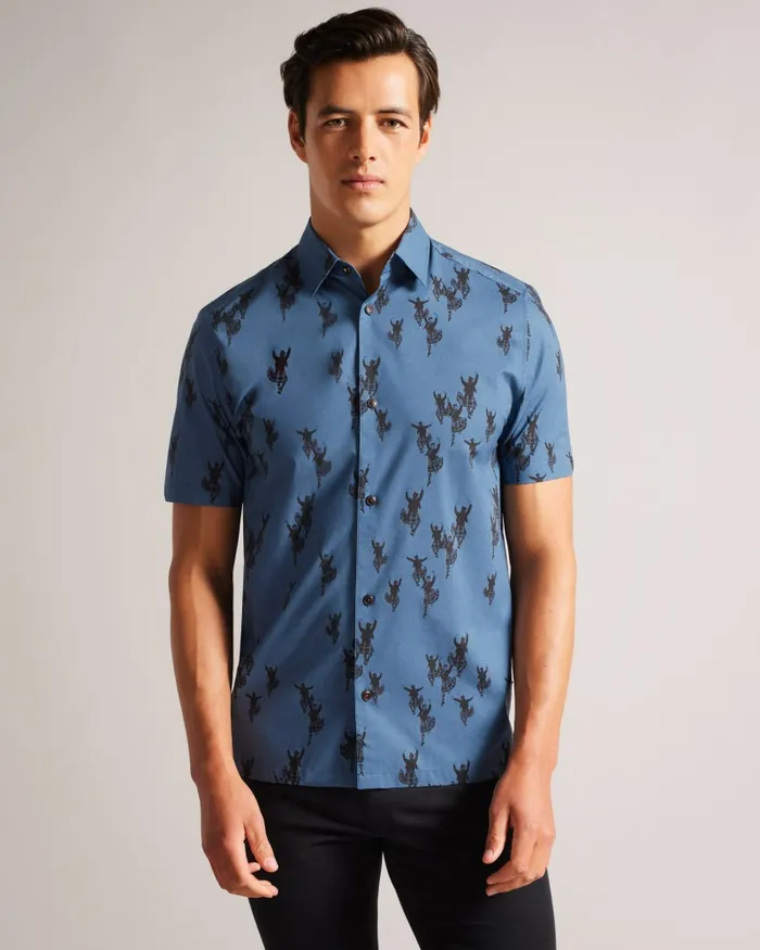 Men MARNEY 8211 Short Sleeve Highland Dancer Printed Shirt Sky Blue Ted Baker Shirts Men MARNEY 8211 Short Sleeve Highland Dancer Printed Shirt Sky Blue Ted Baker Shirts