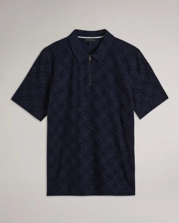 Men MAROC 8211 Short Sleeve Zip Jacquard Polo Shirt Navy Ted Baker Tops
