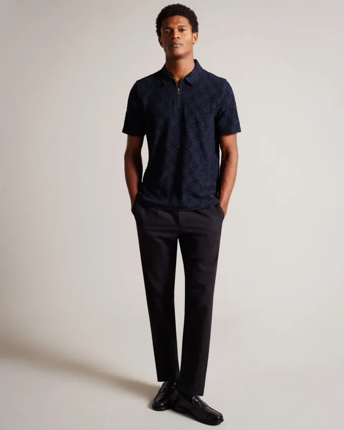 Men MAROC 8211 Short Sleeve Zip Jacquard Polo Shirt Navy Ted Baker Tops