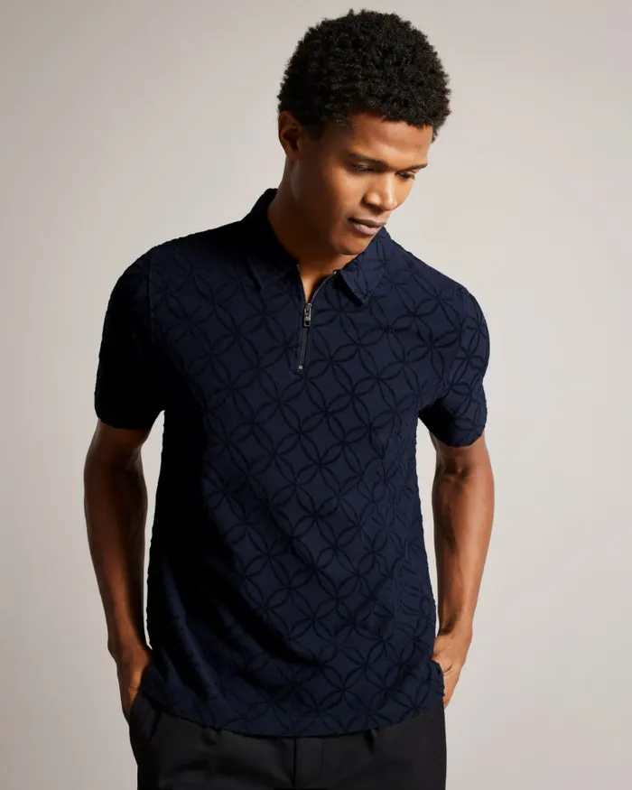 Men MAROC 8211 Short Sleeve Zip Jacquard Polo Shirt Navy Ted Baker Tops
