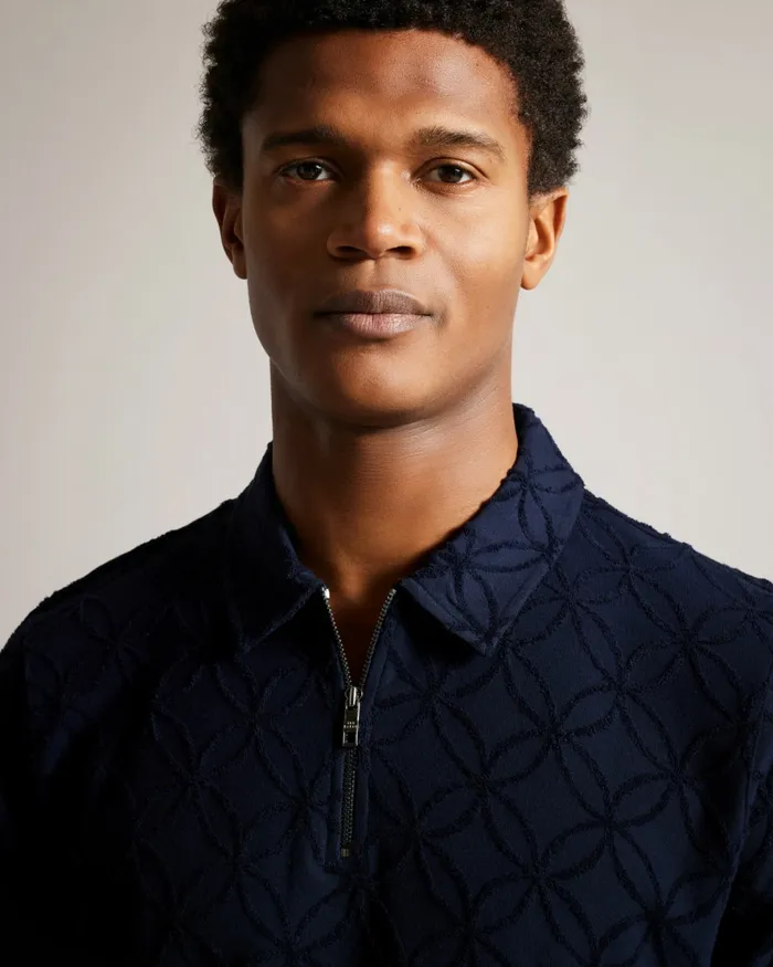 Men MAROC 8211 Short Sleeve Zip Jacquard Polo Shirt Navy Ted Baker Tops