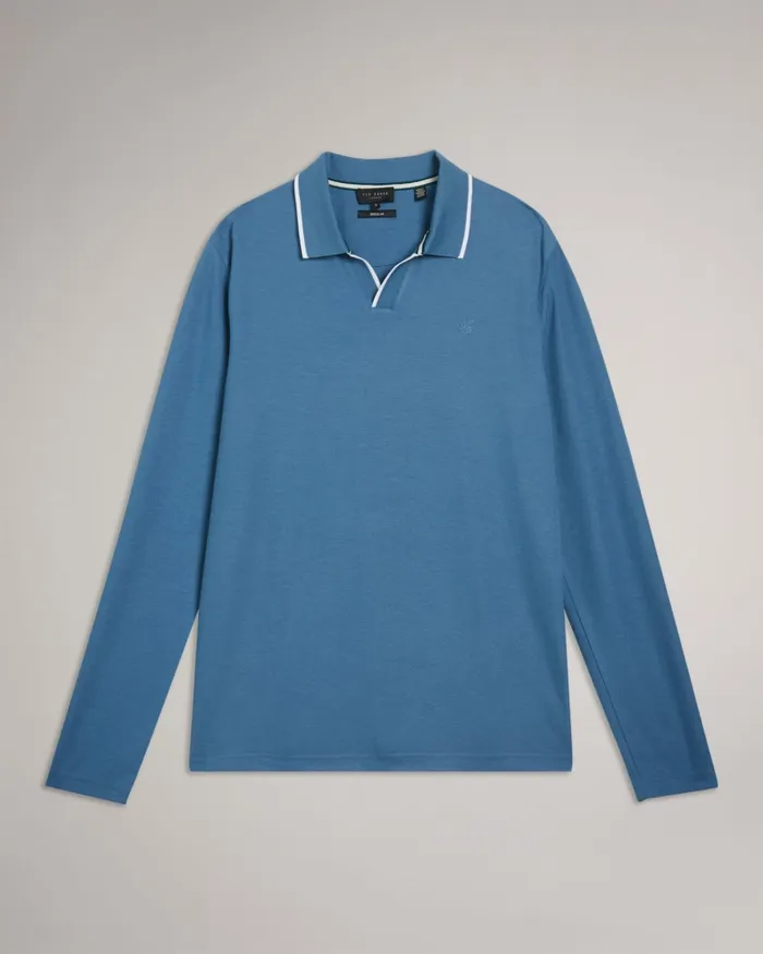 Men MASTE 8211 Long Sleeve Open Collar Polo Shirt Medium Blue Ted Baker Tops